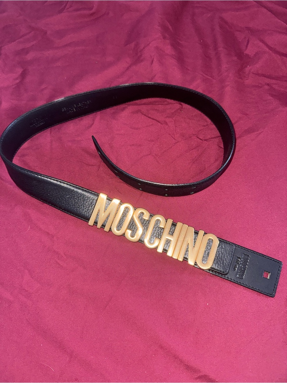 Vintage Moschino Black Belt with Gold MOSCHINO Lettering Buckle size 38